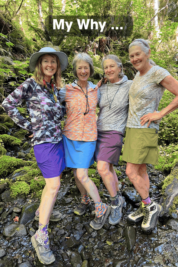 My Why photo montage featuring hikers in colorful skirts outdoors.