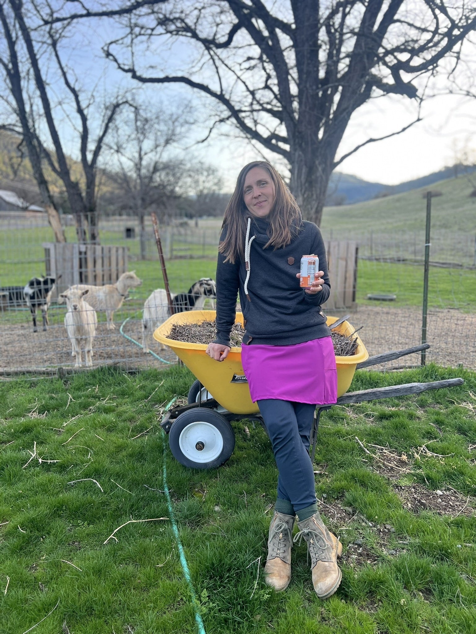 Person standing next to a yellow wheelbarrow with plants, holding a small container, in an outdoor setting with trees and a fence.