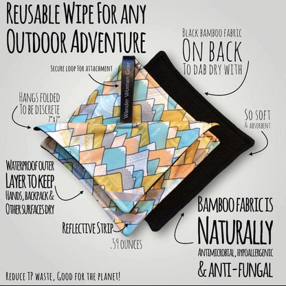 Reusable wipe with geometric pattern and black bamboo fabric on back, shown with features highlighted.