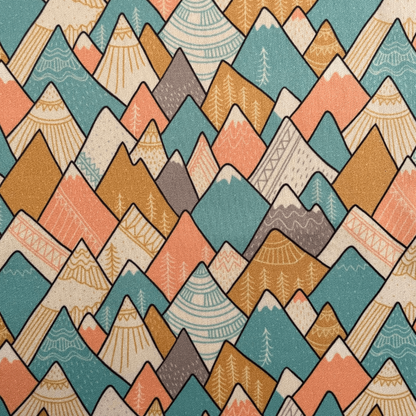 Pattern of stylized mountains in various colors on a white background