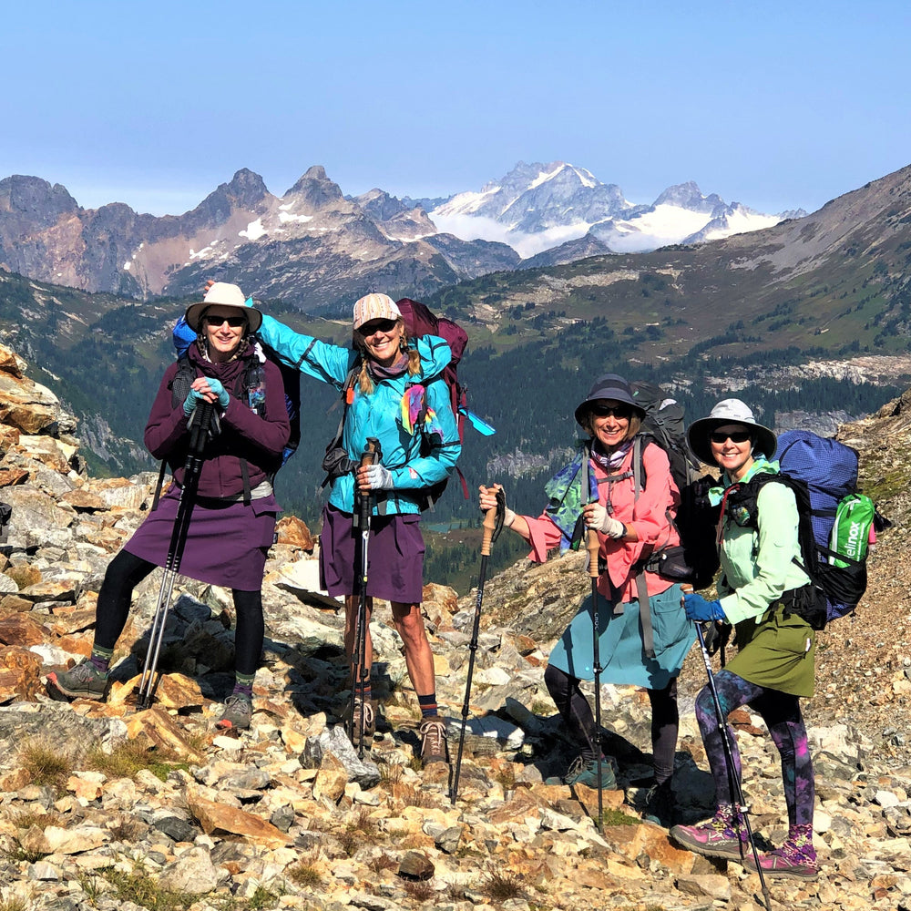Four hikers on a mountain peak with scenic view