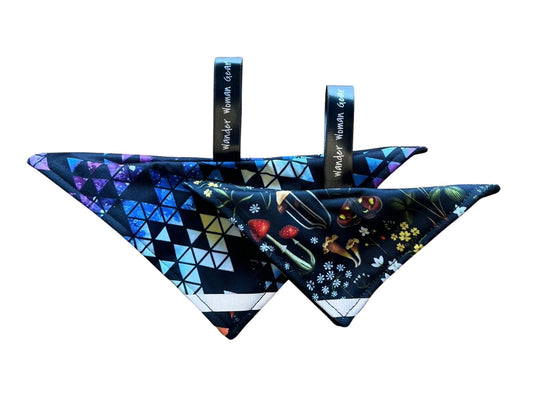 Wander Wipe with prism pattern next to Wee Wipe with snails and mushrooms pattern.