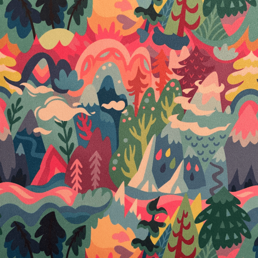Colorful pattern of stylized trees and mountains