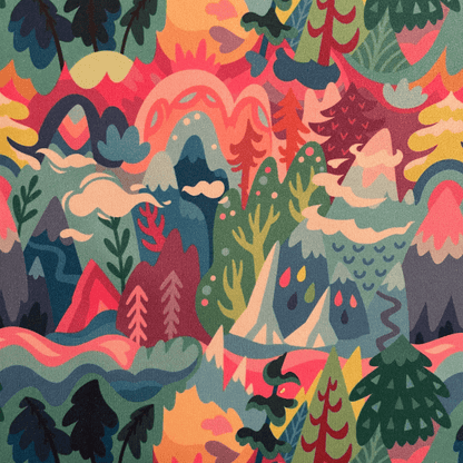 Colorful pattern of stylized trees and mountains