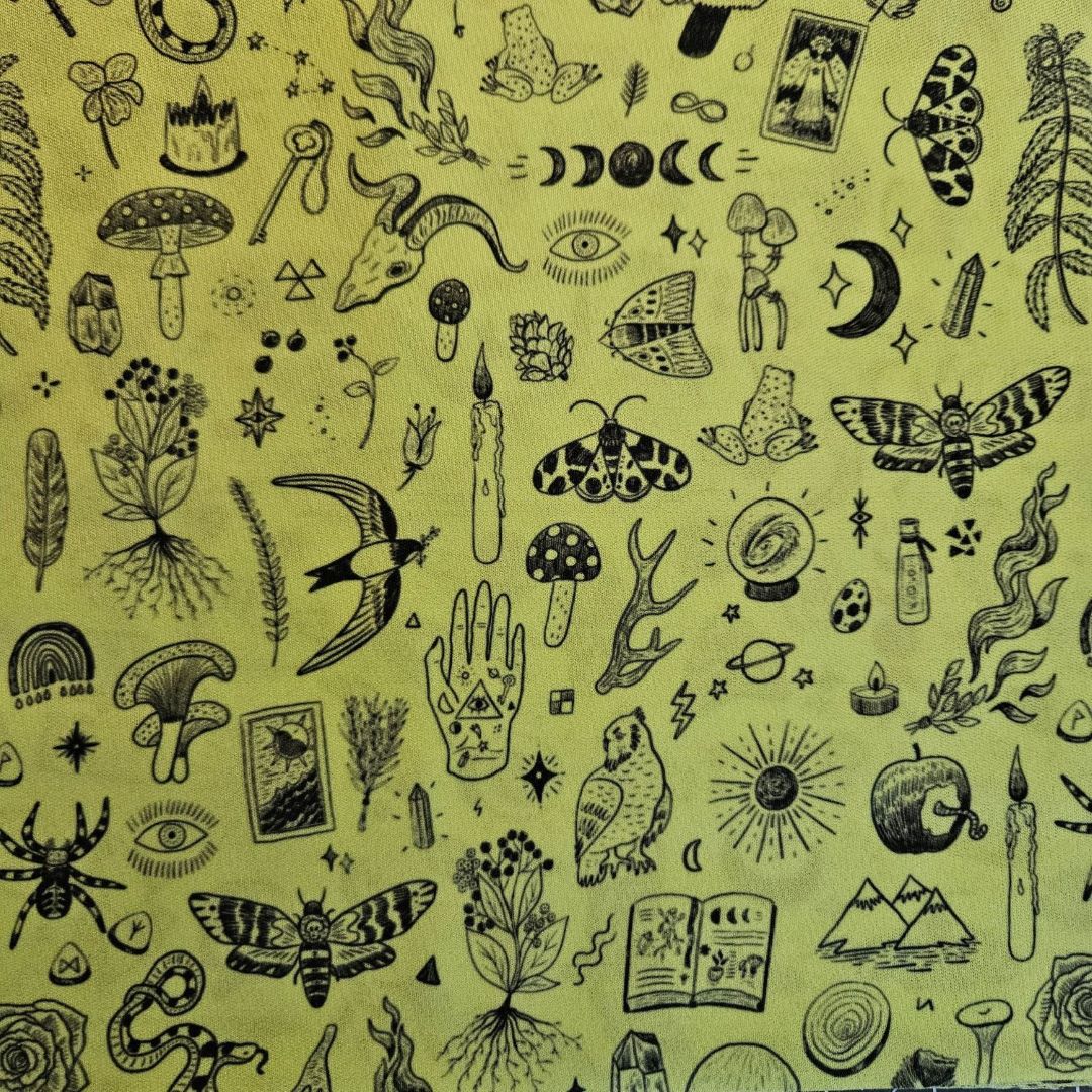 Pattern of black illustrations on a yellow green background